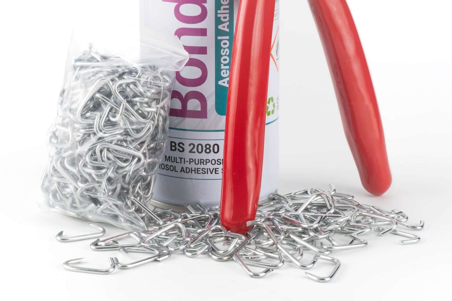 Hog-rings with leather adhesive and hog-ring pliers