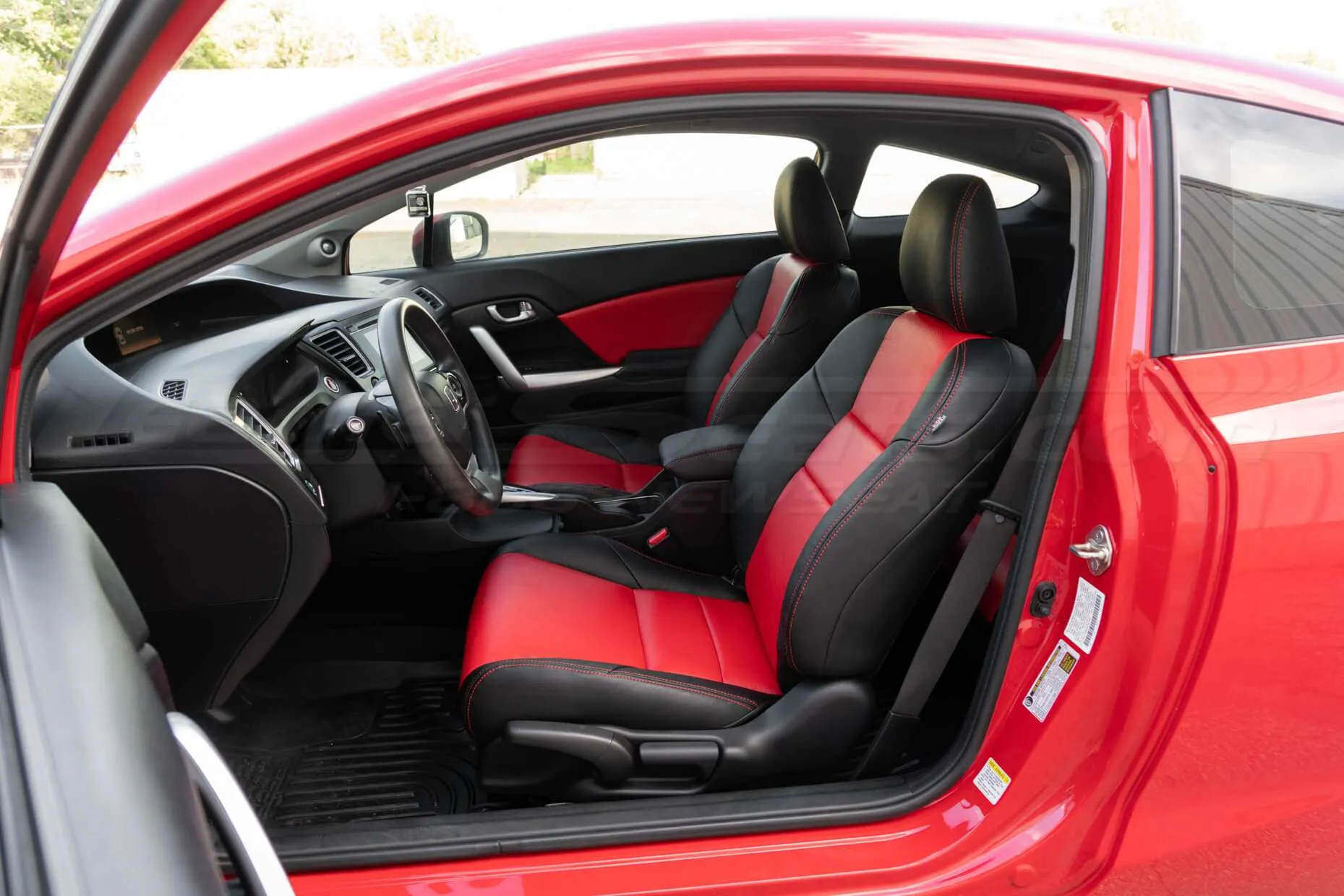 Honda Civic installed leather kit - Black & Bright Red - Drivers side wide angle view