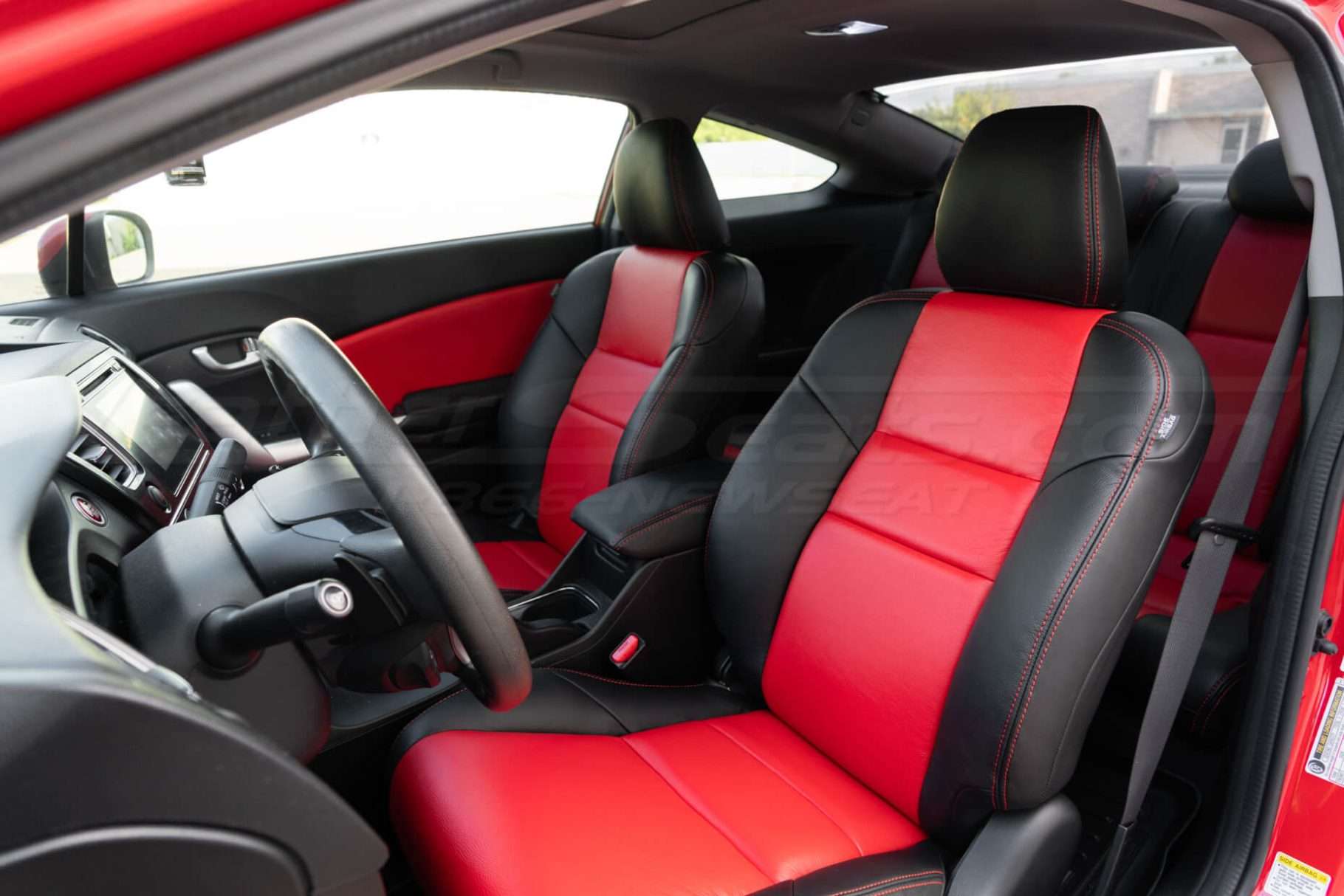Honda Civic installed leather kit - Black & Bright Red - Front drivers side interior