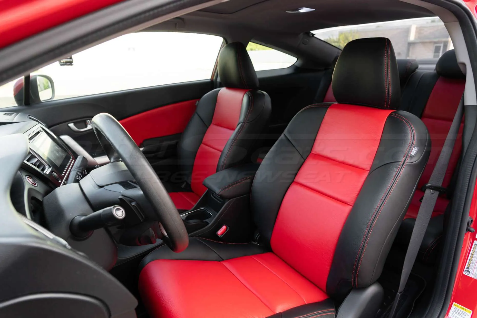 Honda Civic installed leather kit - Black & Bright Red - Front drivers side interior