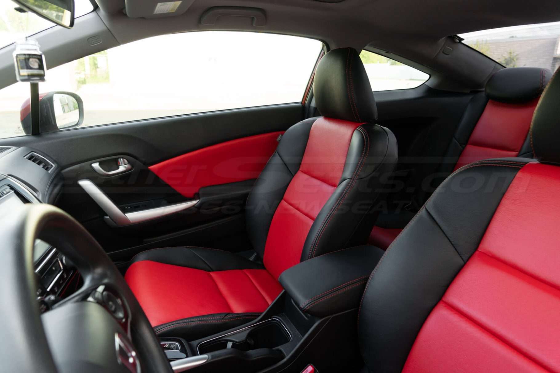 Honda Civic installed leather kit - Black & Bright Red - Center console & passenger seat
