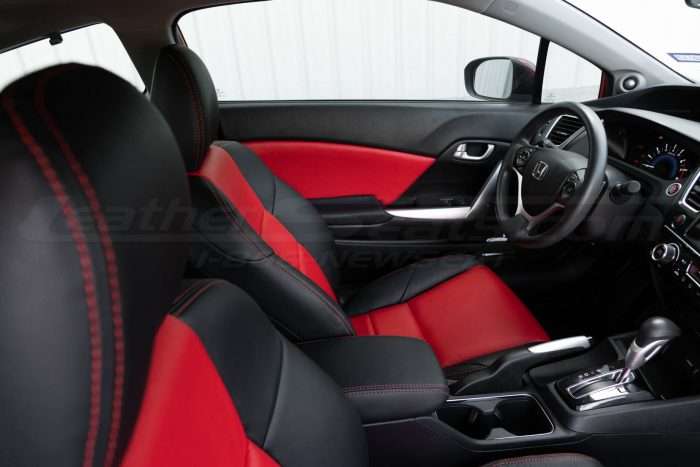 Honda Civic installed leather kit - Black & Bright Red - Headrest double-stitching and door insert