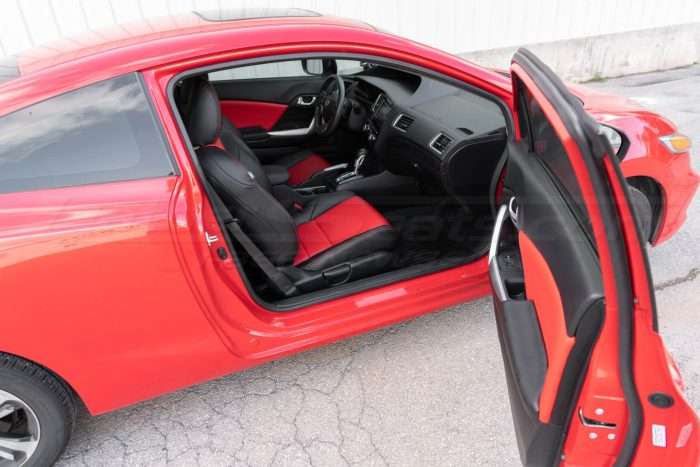 Honda Civic installed leather kit - Black & Bright Red - Overhead wide angle interior from passenger side