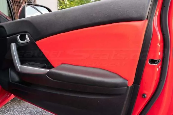 Honda Civic installed leather kit - Black & Bright Red - Door panel insert close-up