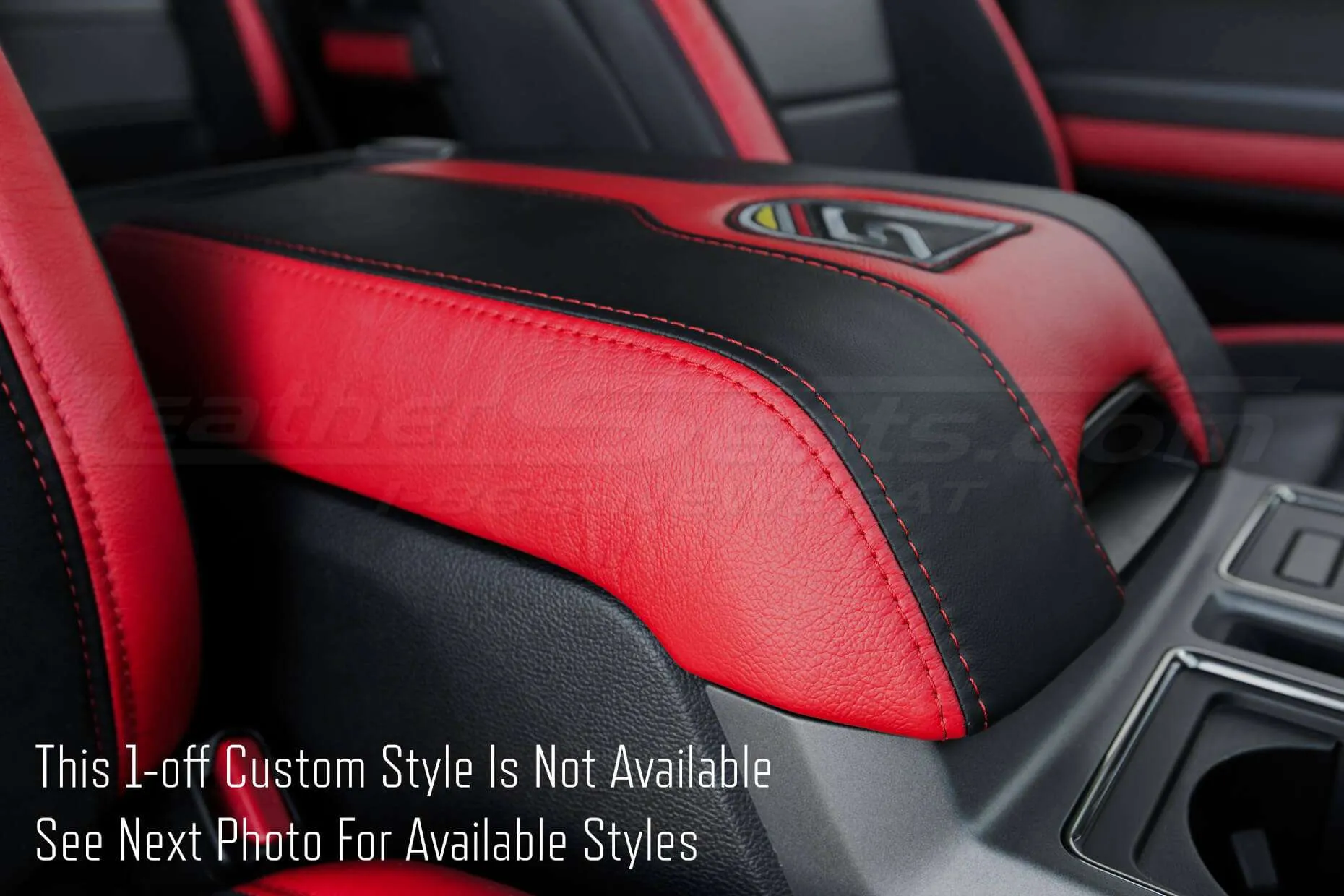 Ford Raptor installed upholstery kit - Black & Bright Red - Console lid