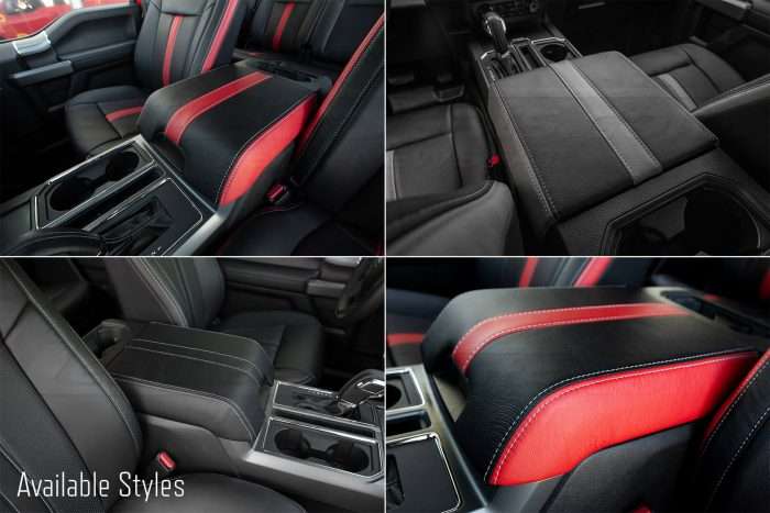 Ford Raptor installed upholstery kit - Black & Bright Red - Console lid styles