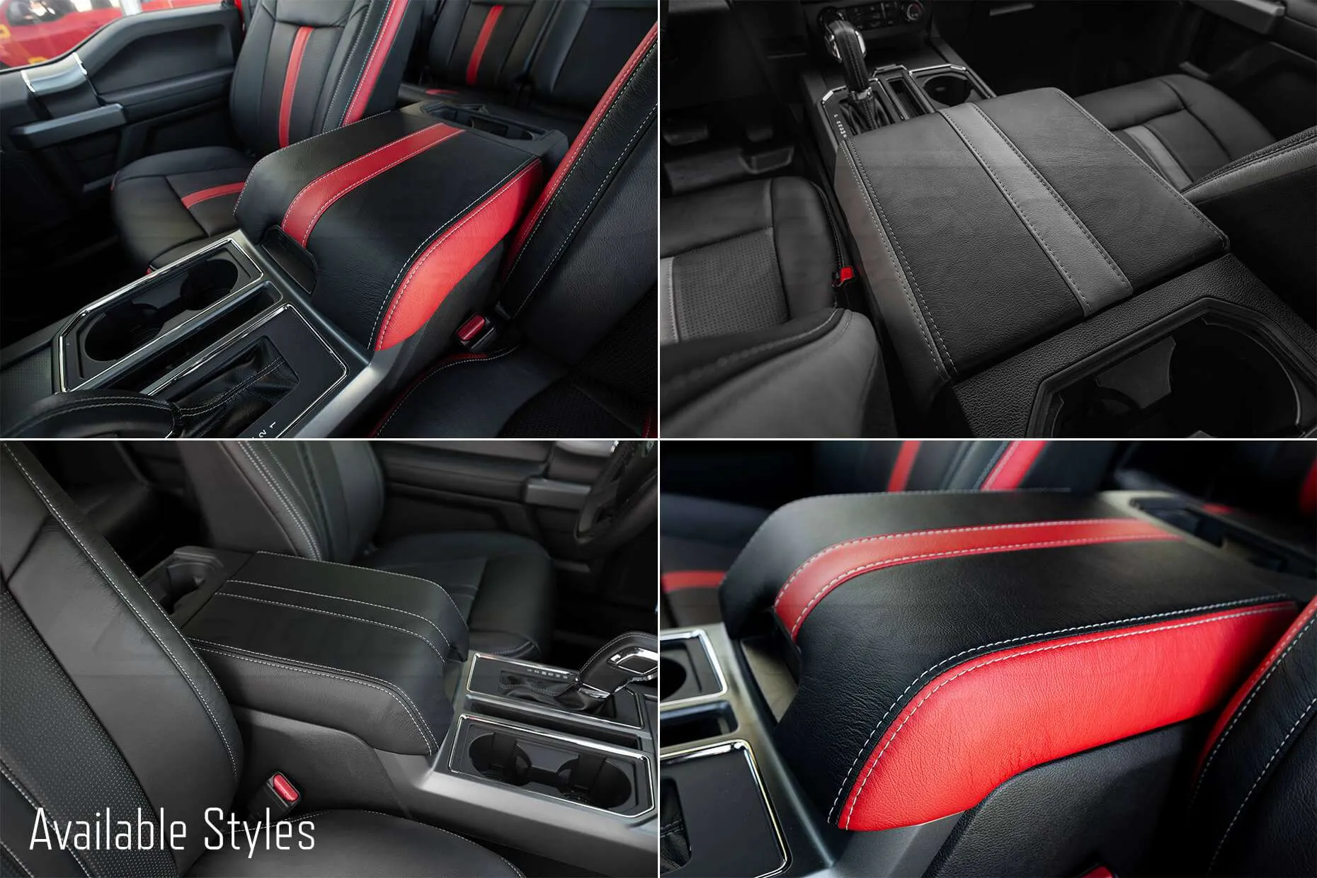 Ford Raptor installed upholstery kit - Black & Bright Red - Console lid styles
