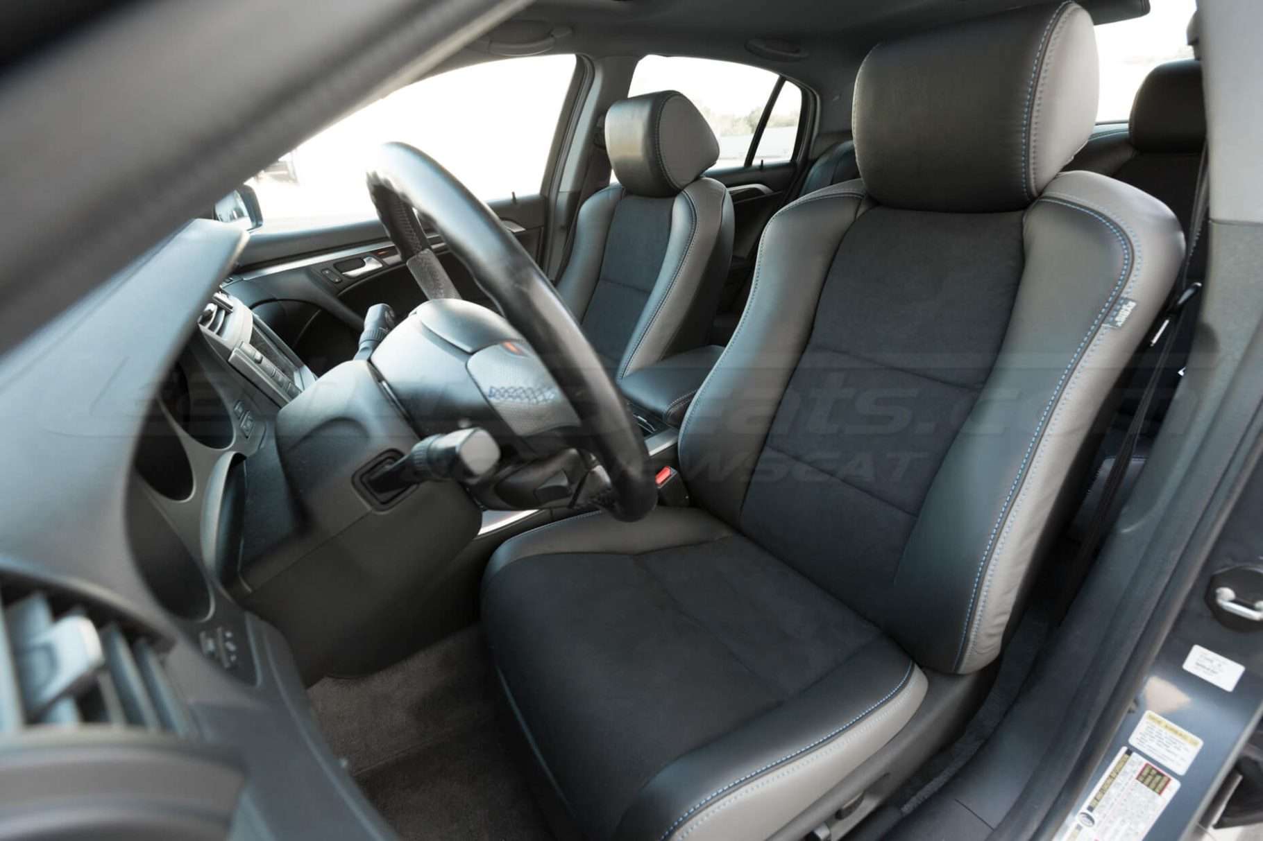 Drivers side installed upholstery - close up - 04- 08 Acura TL Black, Black Suede & Light Grey Kit