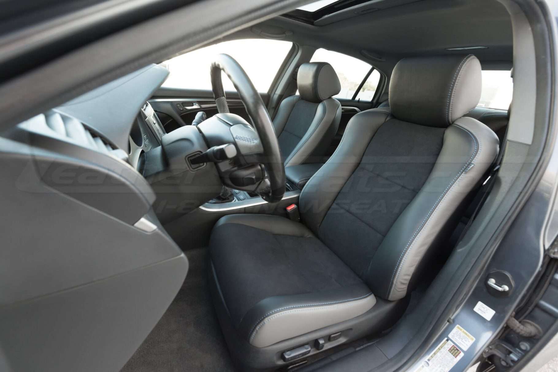 Drivers side installed upholstery - close view - 04- 08 Acura TL Black, Black Suede & Light Grey Kit