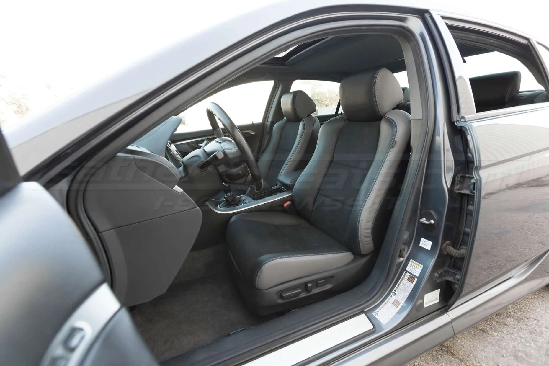 Drivers side installed upholstery - wide view - 04- 08 Acura TL Black, Black Suede & Light Grey Kit
