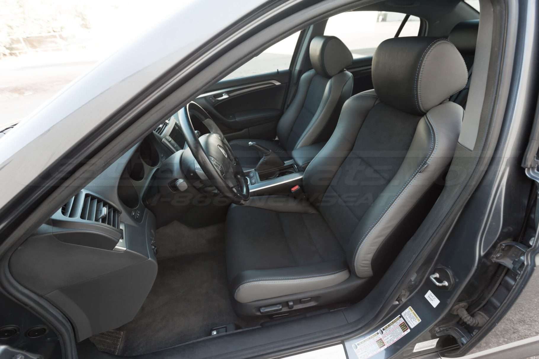 Drivers side installed upholstery - 04- 08 Acura TL Black, Black Suede & Light Grey Kit
