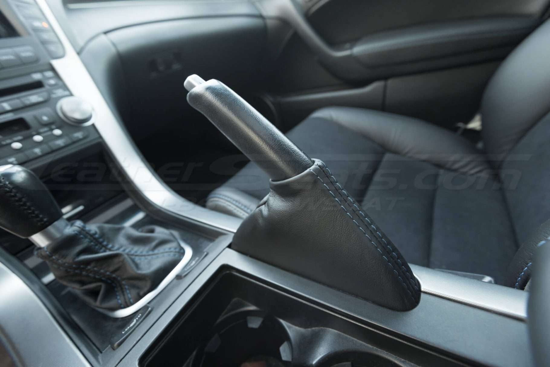 E-Brake and Shift Boot installed leather upholstery - 04- 08 Acura TL Black, Black Suede & Light Grey Kit