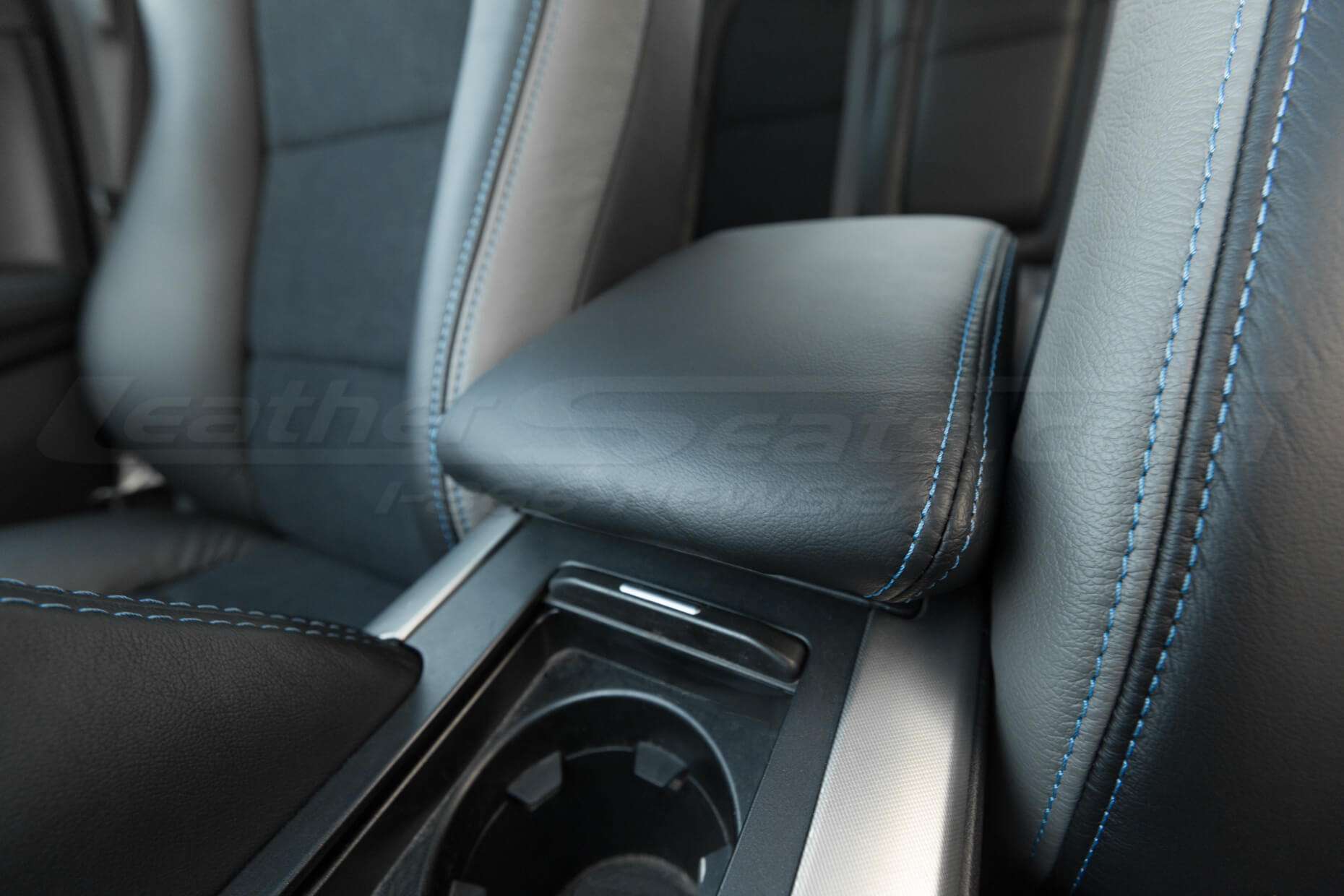 Installed console lid upholstery - 04- 08 Acura TL Black, Black Suede & Light Grey Kit