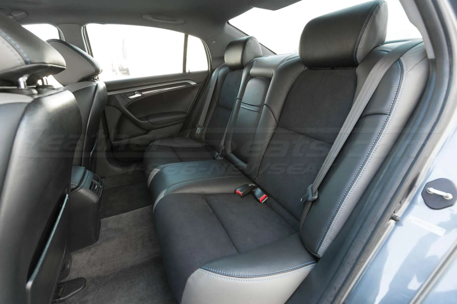 Installed rear seat upholstery - side view - 04- 08 Acura TL Black, Black Suede & Light Grey Kit