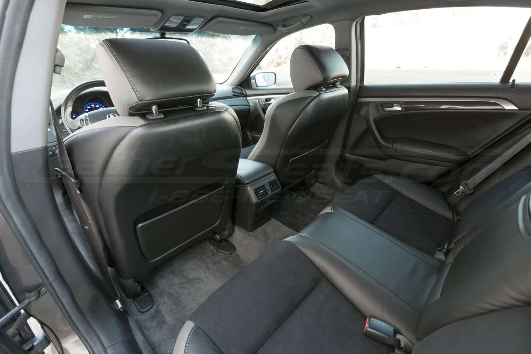 Rear seat installed upholstery overview- 04- 08 Acura TL Black, Black Suede & Light Grey Kit