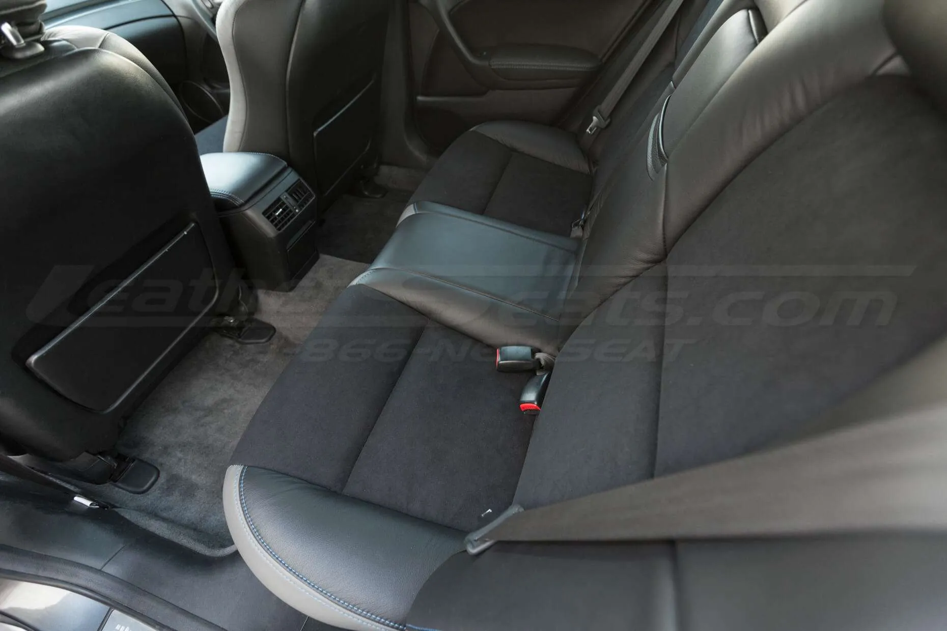 Installed rear seat upholstery - downward view - 04- 08 Acura TL Black, Black Suede & Light Grey Kit