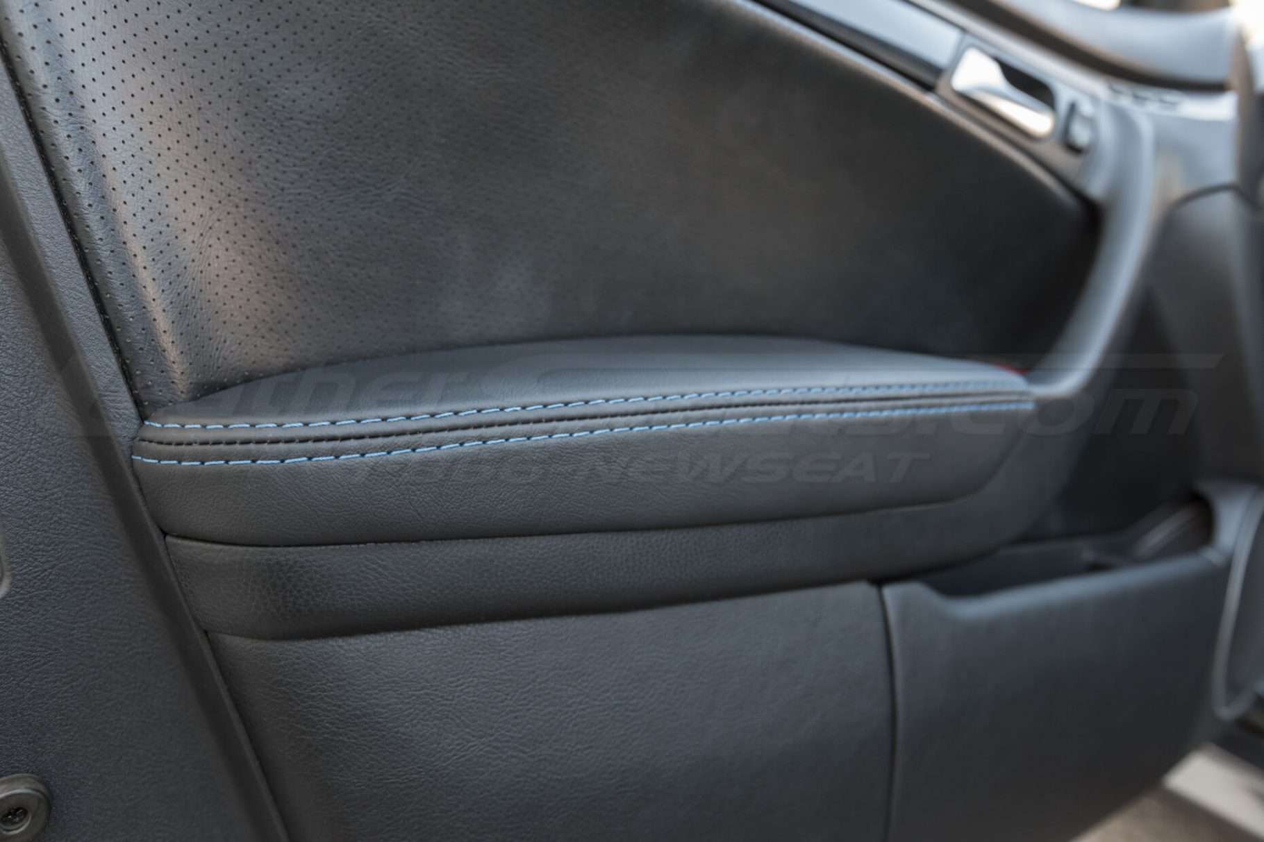 Installed door armrest upholstery - 04- 08 Acura TL Black, Black Suede & Light Grey Kit