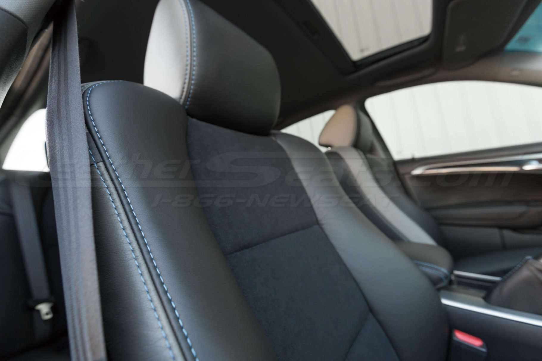 Installed upholstery w/ insert and double-stitching view - 04- 08 Acura TL Black, Black Suede & Light Grey Kit