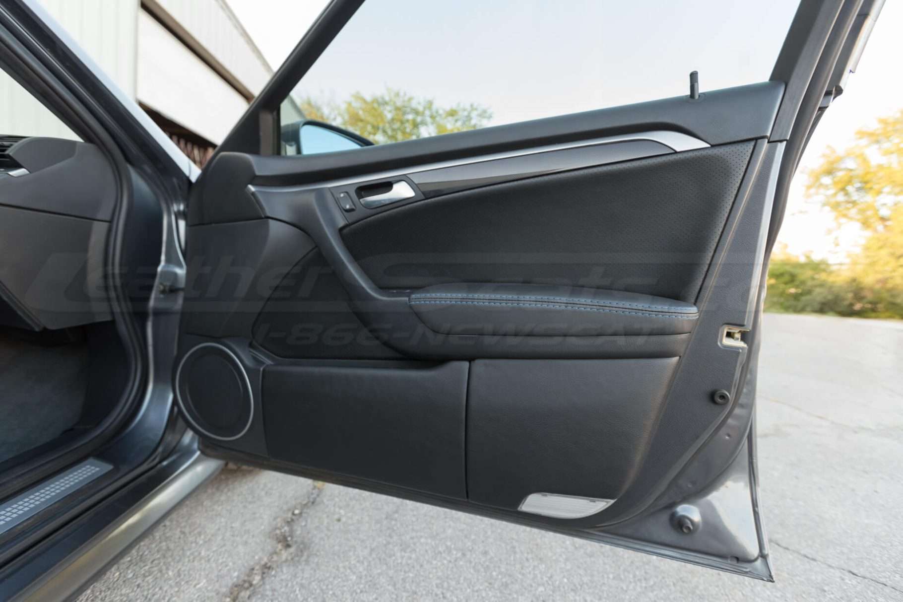 Installed door armrest upholstery - 04- 08 Acura TL Black, Black Suede & Light Grey Kit