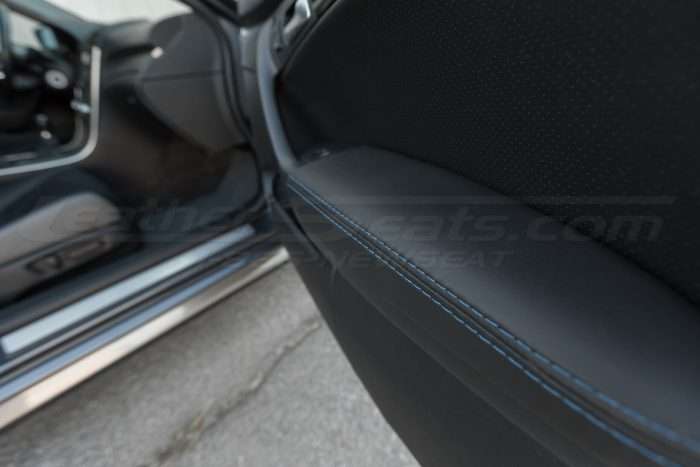 Installed door armrest double-stitching close up - 04- 08 Acura TL Black, Black Suede & Light Grey Kit