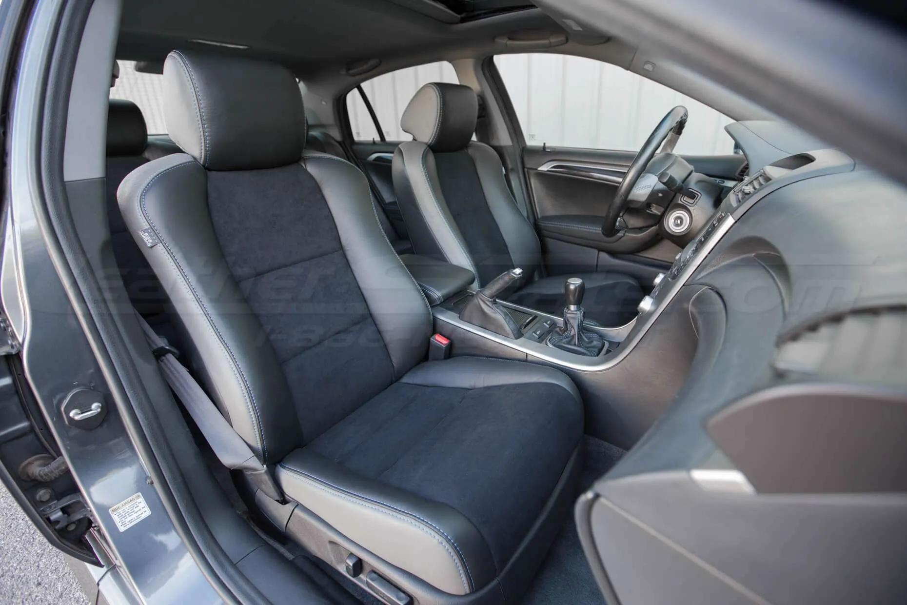Installed upholstery kit - Passenger side view - 04- 08 Acura TL Black, Black Suede & Light Grey Kit