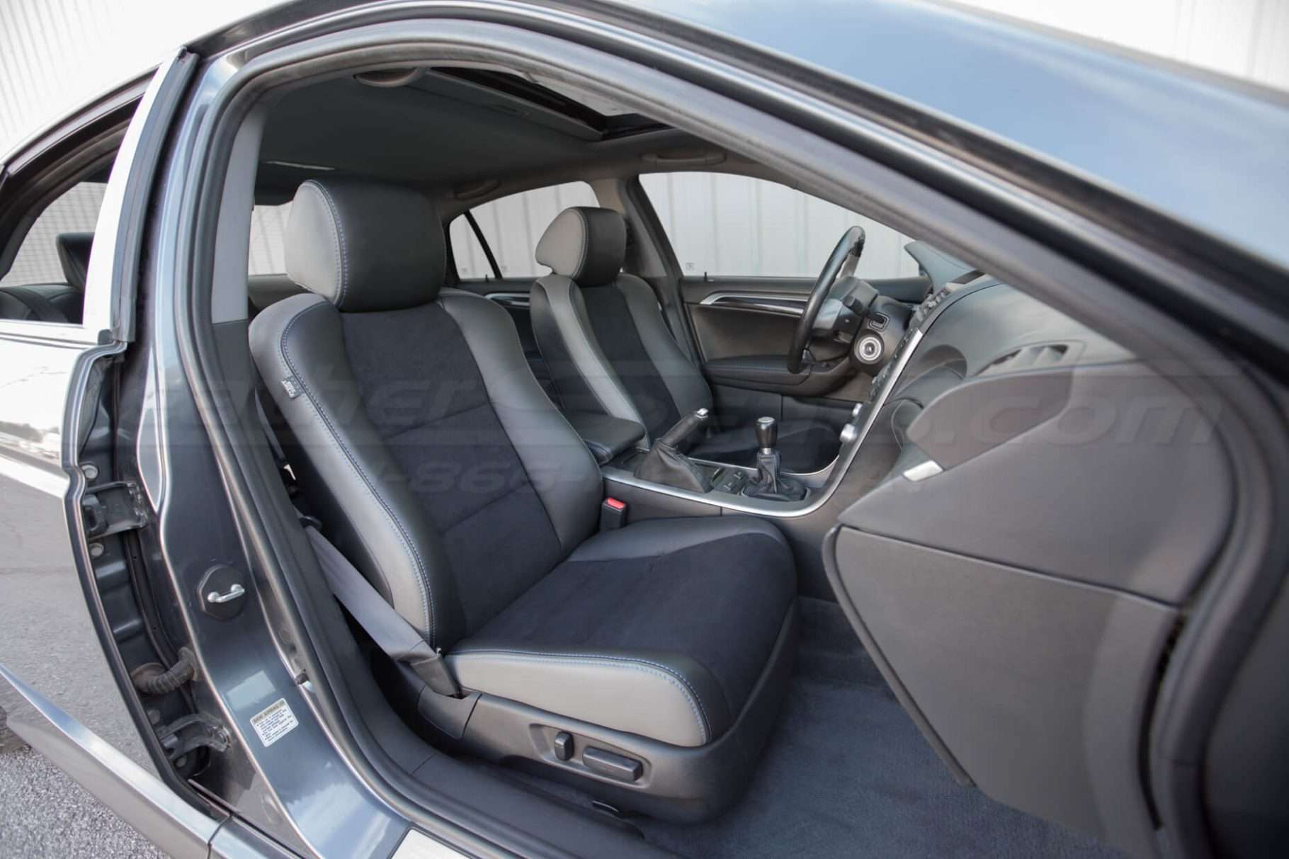 Installed upholstery kit - Passenger side view - 04- 08 Acura TL Black, Black Suede & Light Grey Kit