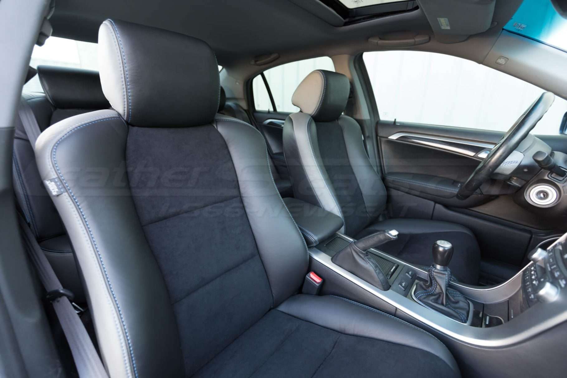 Passenger view of installed upholstery - 04- 08 Acura TL Black, Black Suede & Light Grey Kit
