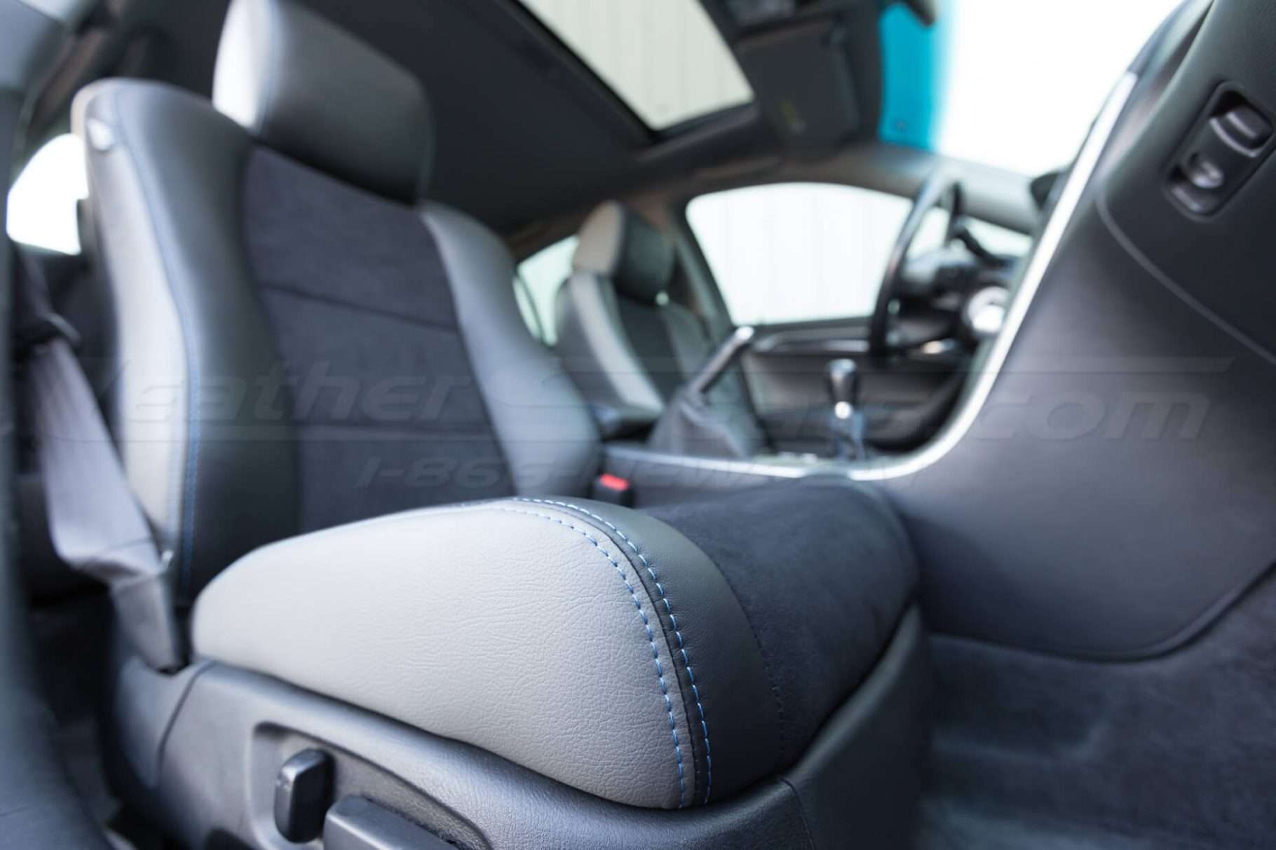 Full installed upholstery w/ double-stitching close-up 04- 08 Acura TL Black, Black Suede & Light Grey Kit