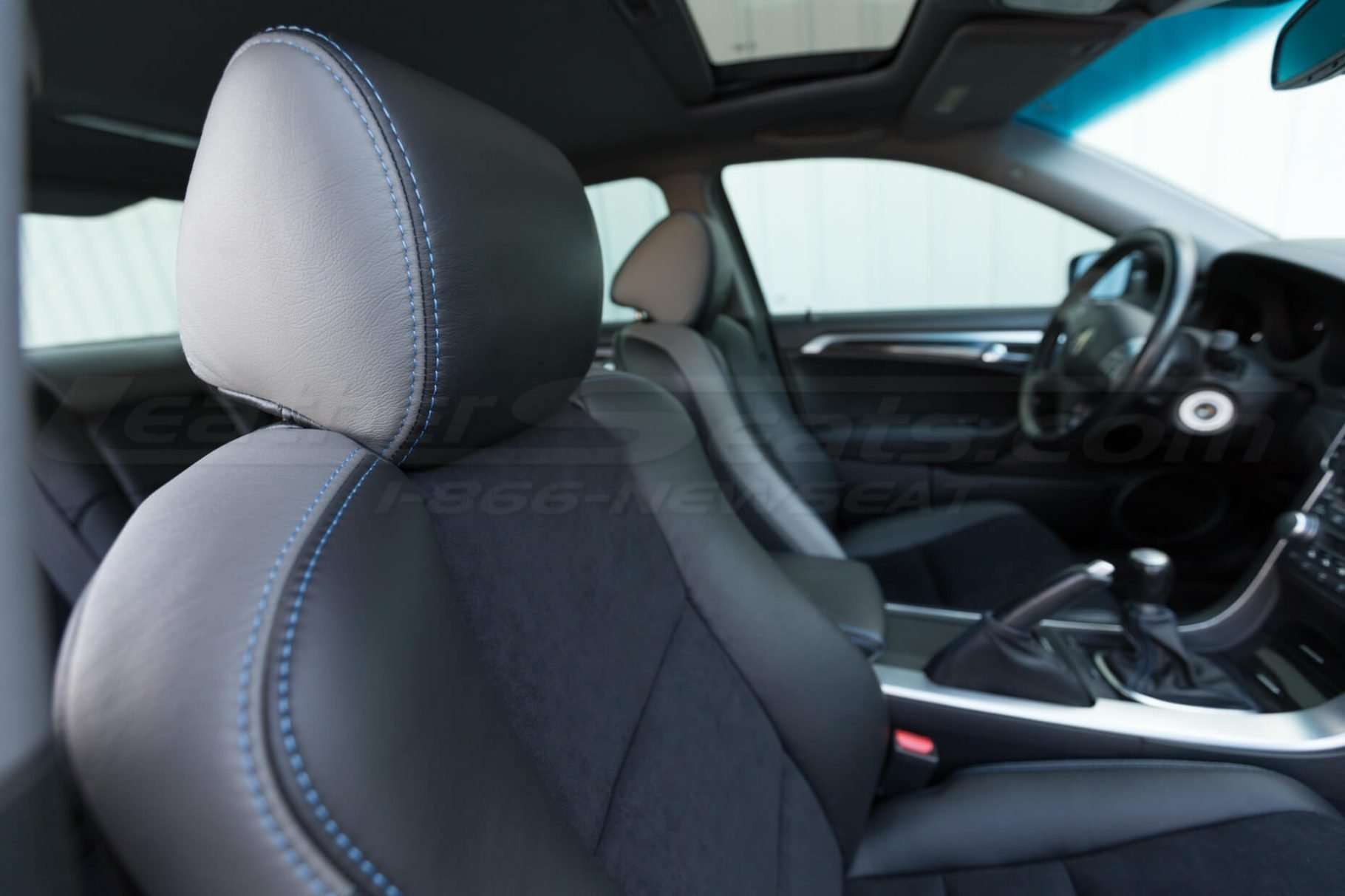 Headrest & Headrest Stitching close-up - 04- 08 Acura TL Black, Black Suede & Light Grey Kit