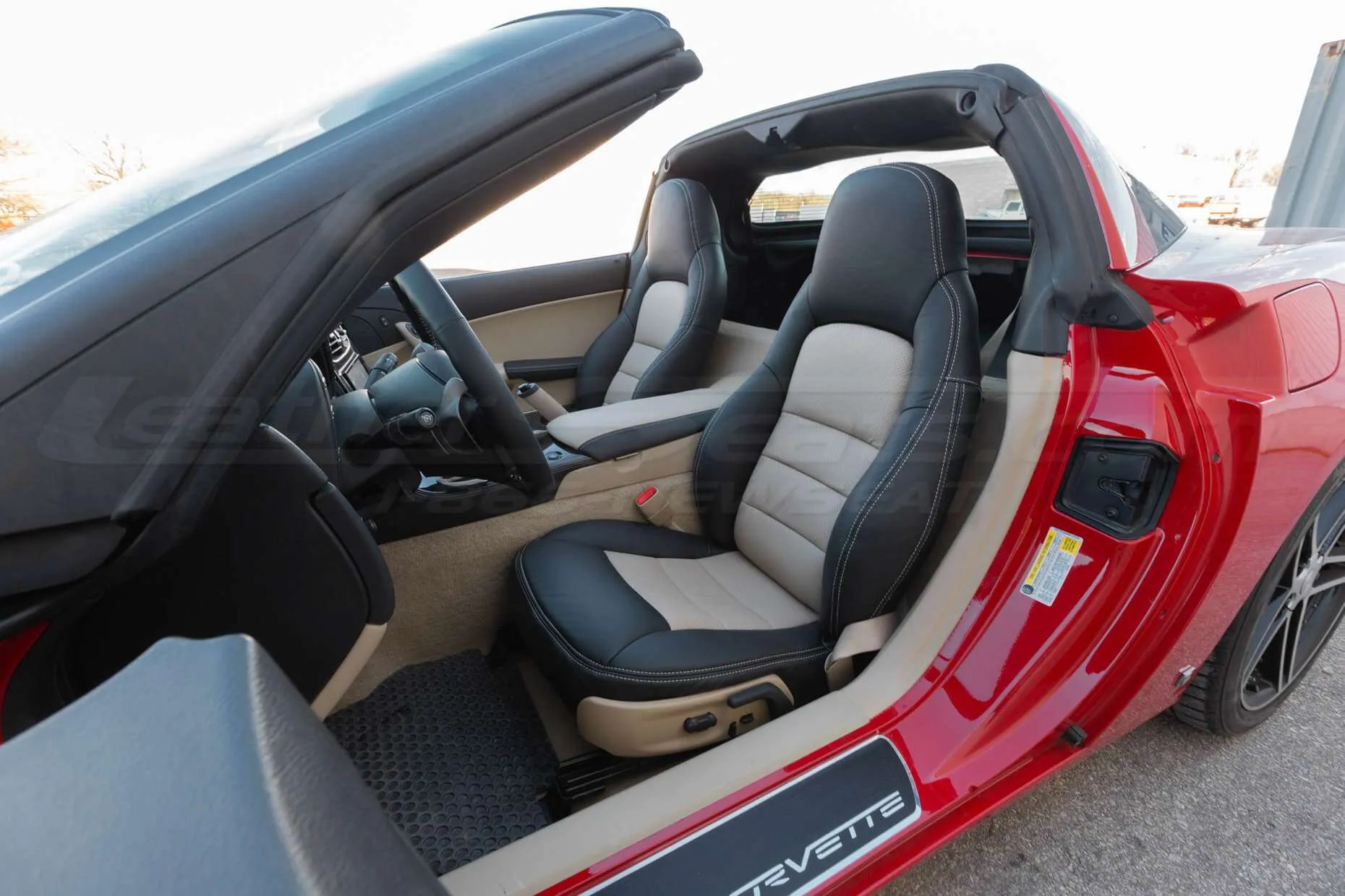Installed 05-11 Chevrolet Corvette Leather Kit - Black & Sandstone - Front Driver Seat