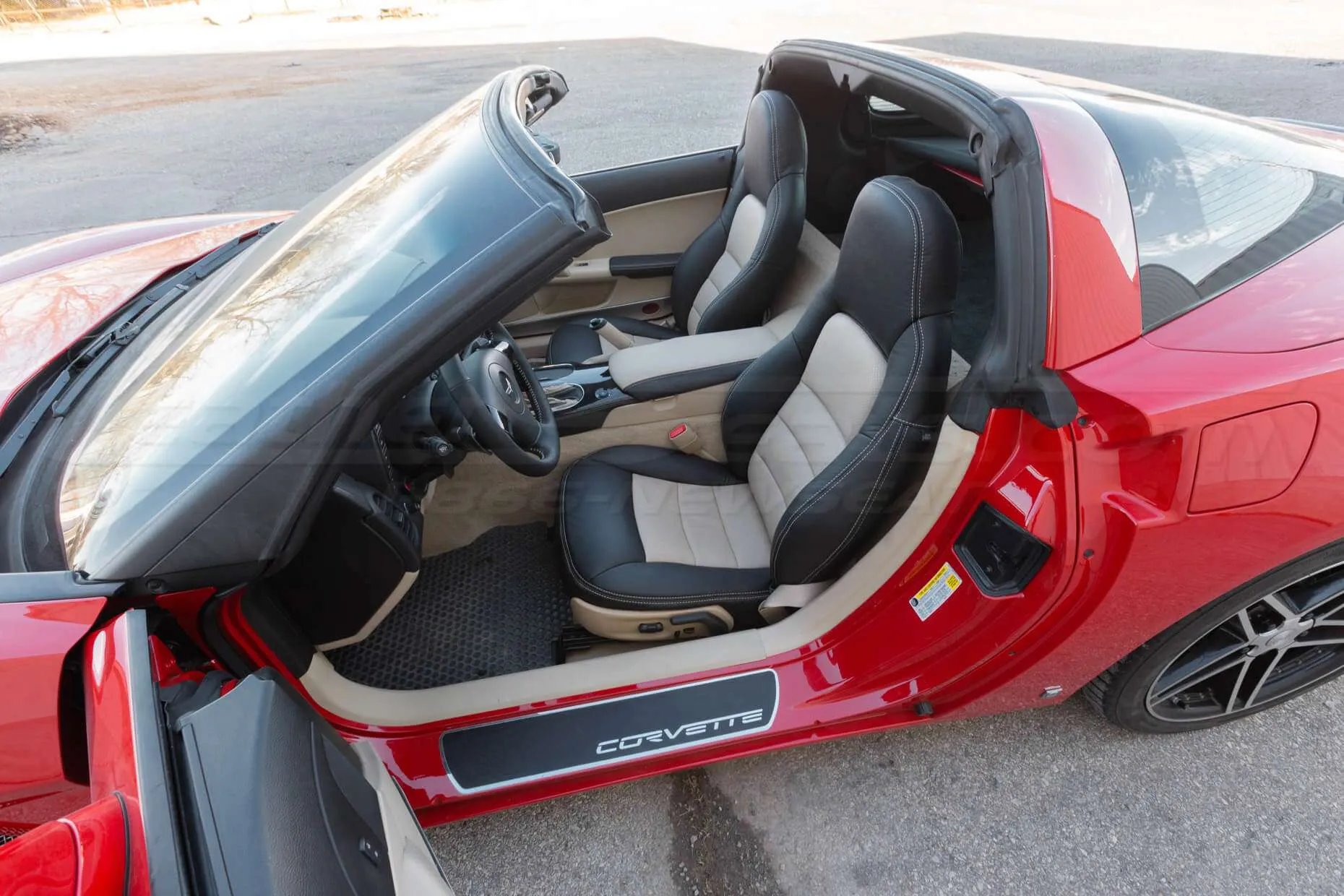 Installed 05-11 Chevrolet Corvette Leather Kit - Black & Sandstone - Front Driver Seat Overhead