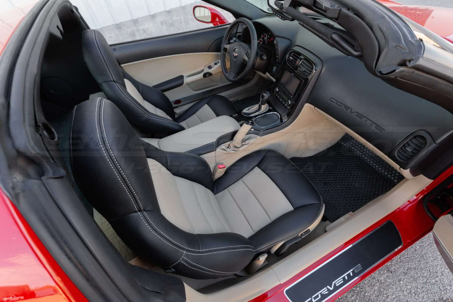 Installed 05-11 Chevrolet Corvette Leather Kit - Black & Sandstone - Passenger seat overhead