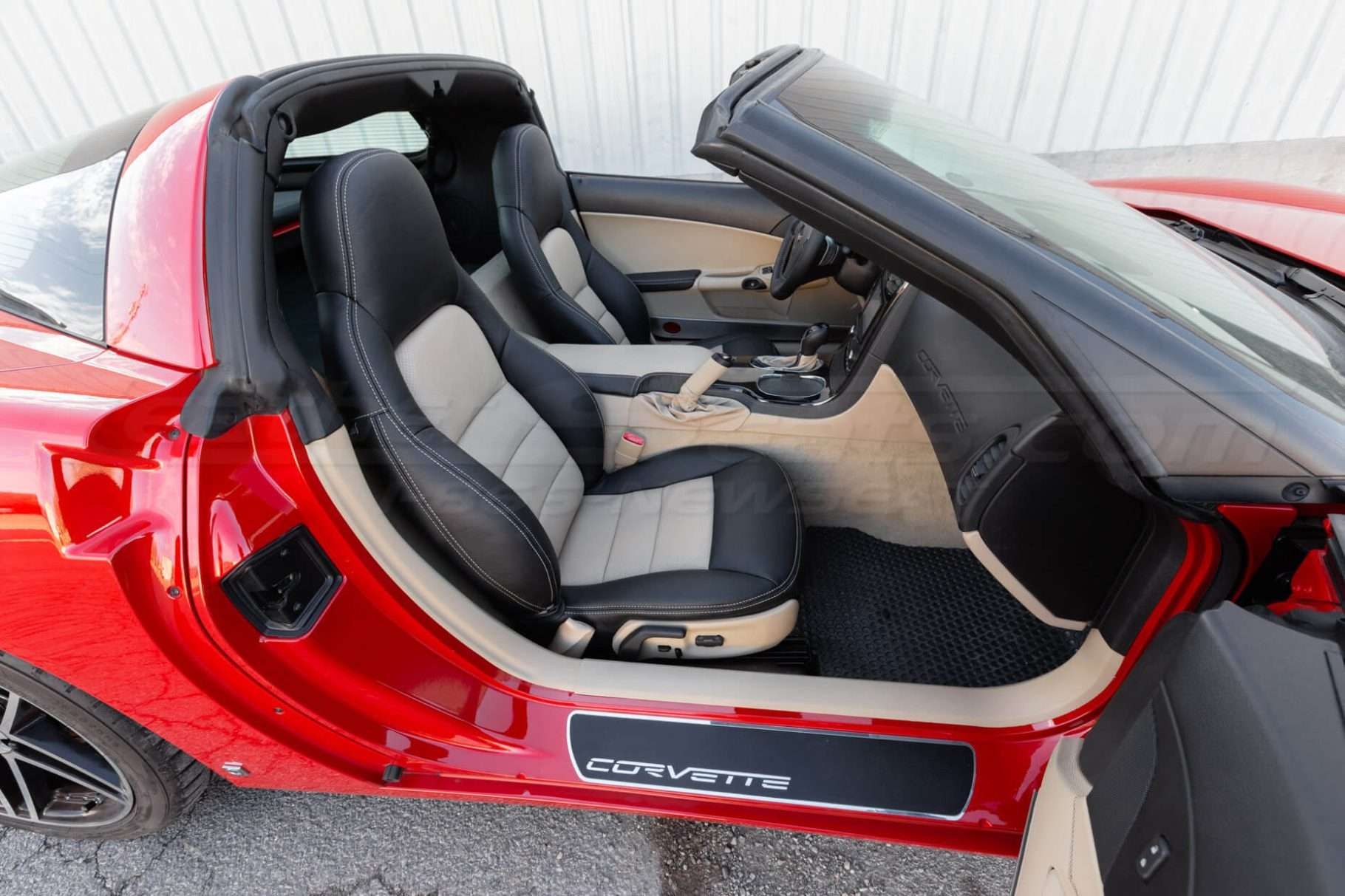 Installed 05-11 Chevrolet Corvette Leather Kit - Black & Sandstone - Front Passenger Seats wide angle