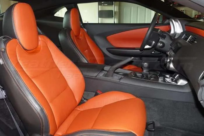 Chevrolet Camaro leather upholstery kit installed - black and tangerine - front passenger seat