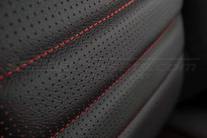 2012-2015 Dodge Challenger Leather Seats - Black & Piazza Red - Installed - Perforation close up