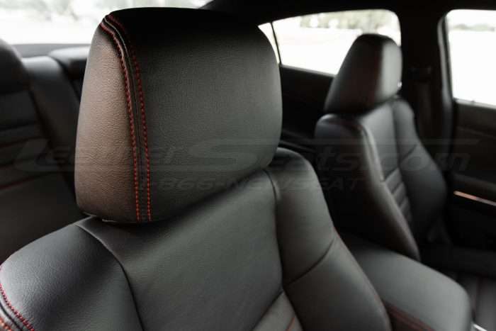2012-2015 Dodge Challenger Leather Seats - Black & Piazza Red - Installed - Headrest Closeup