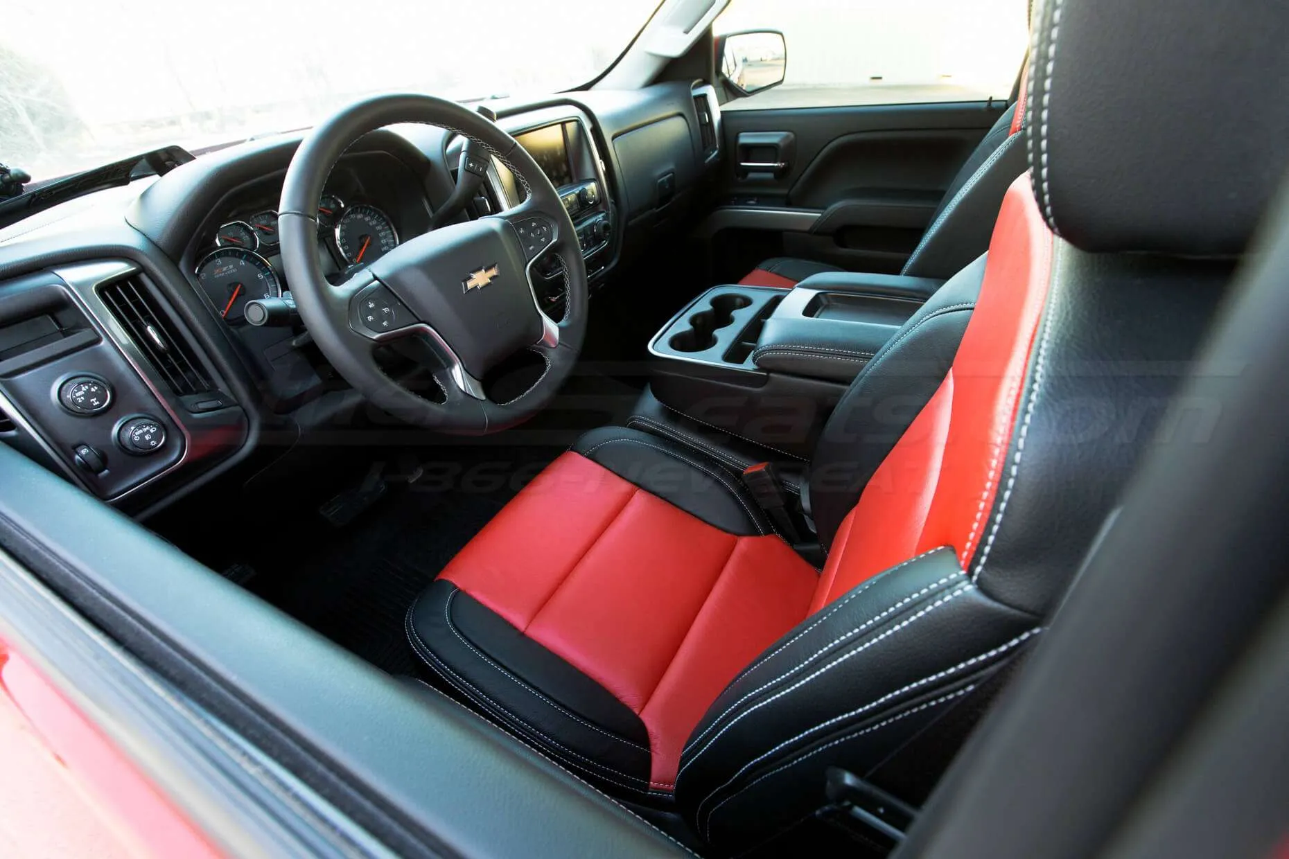GMC Sierra leather upholstery kit - Black and Bright Red - Installed - Drivers seat, headrest down view