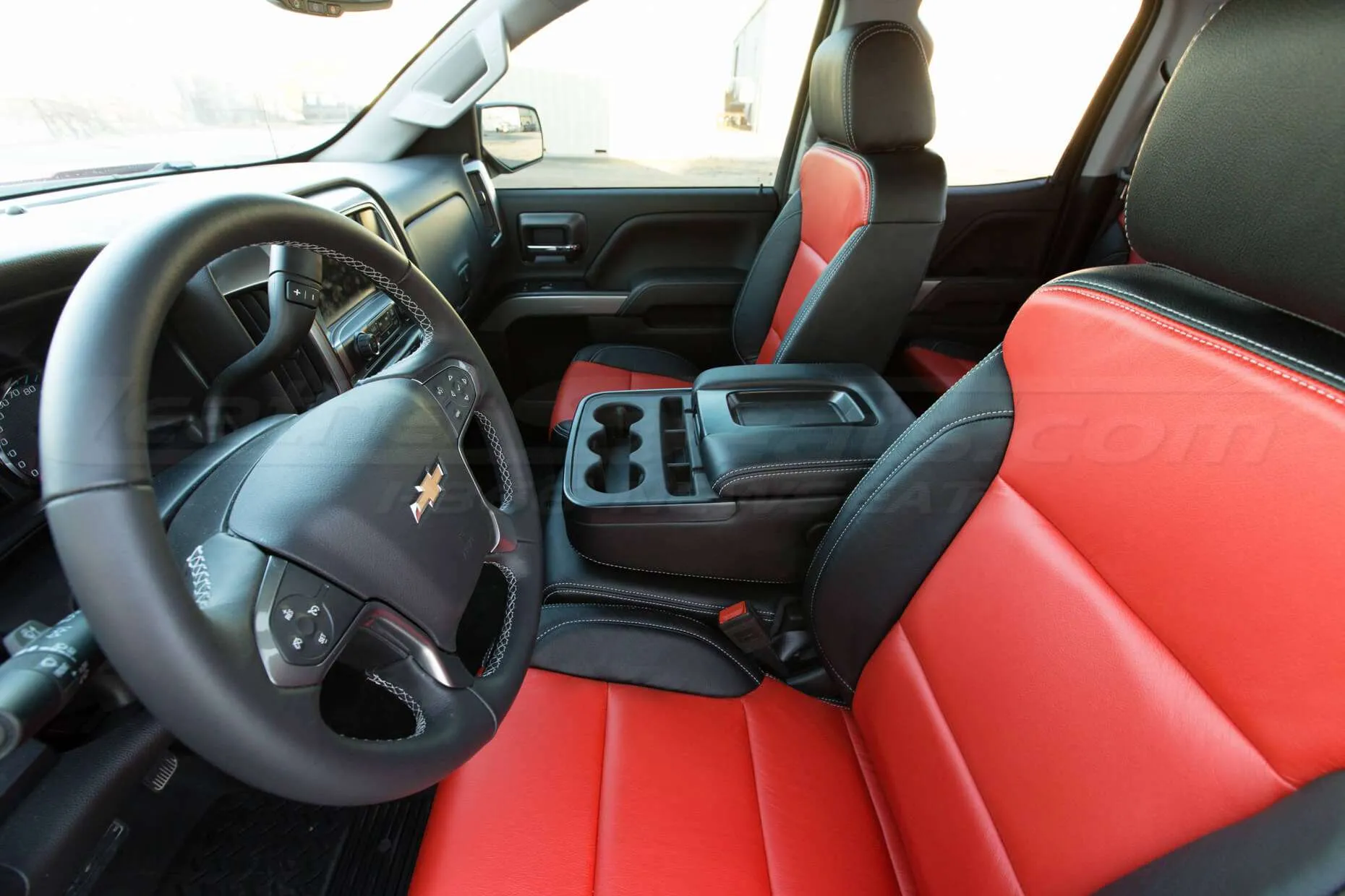 GMC Sierra leather upholstery kit - Black and Bright Red - Front seat side view