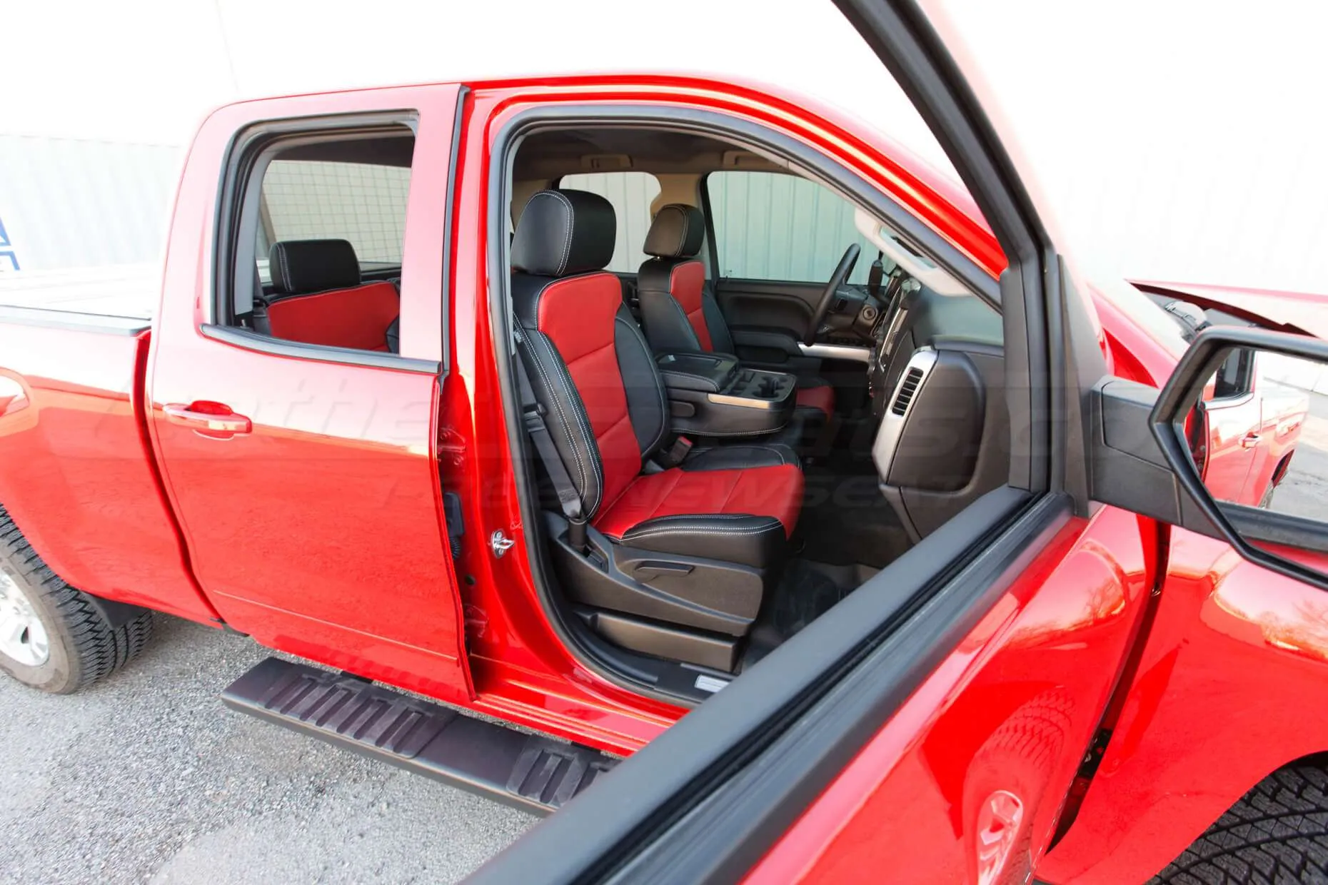 GMC Sierra leather upholstery kit - Black and Bright Red - Installed Passenger front seat
