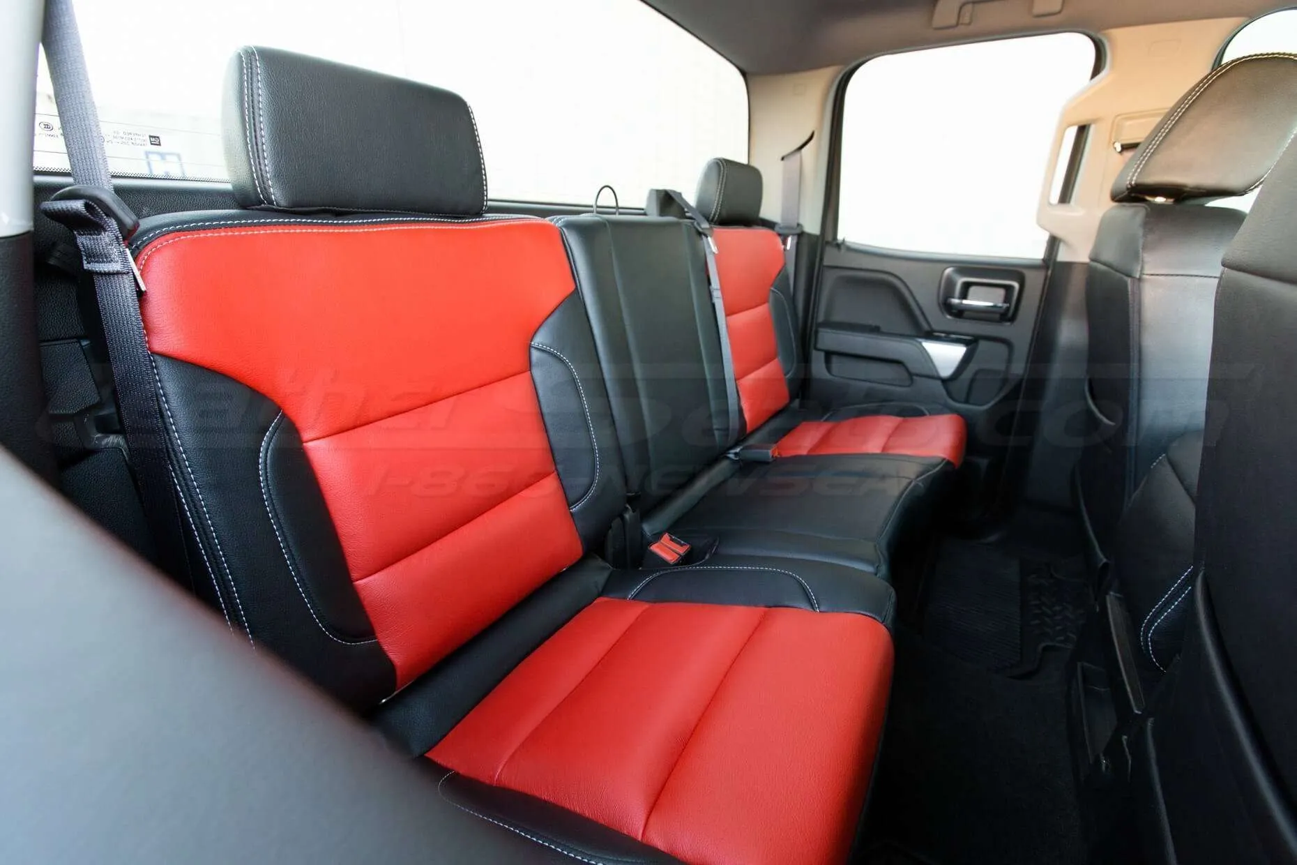 GMC Sierra installed upholstery kit - black and Bright red - back seats