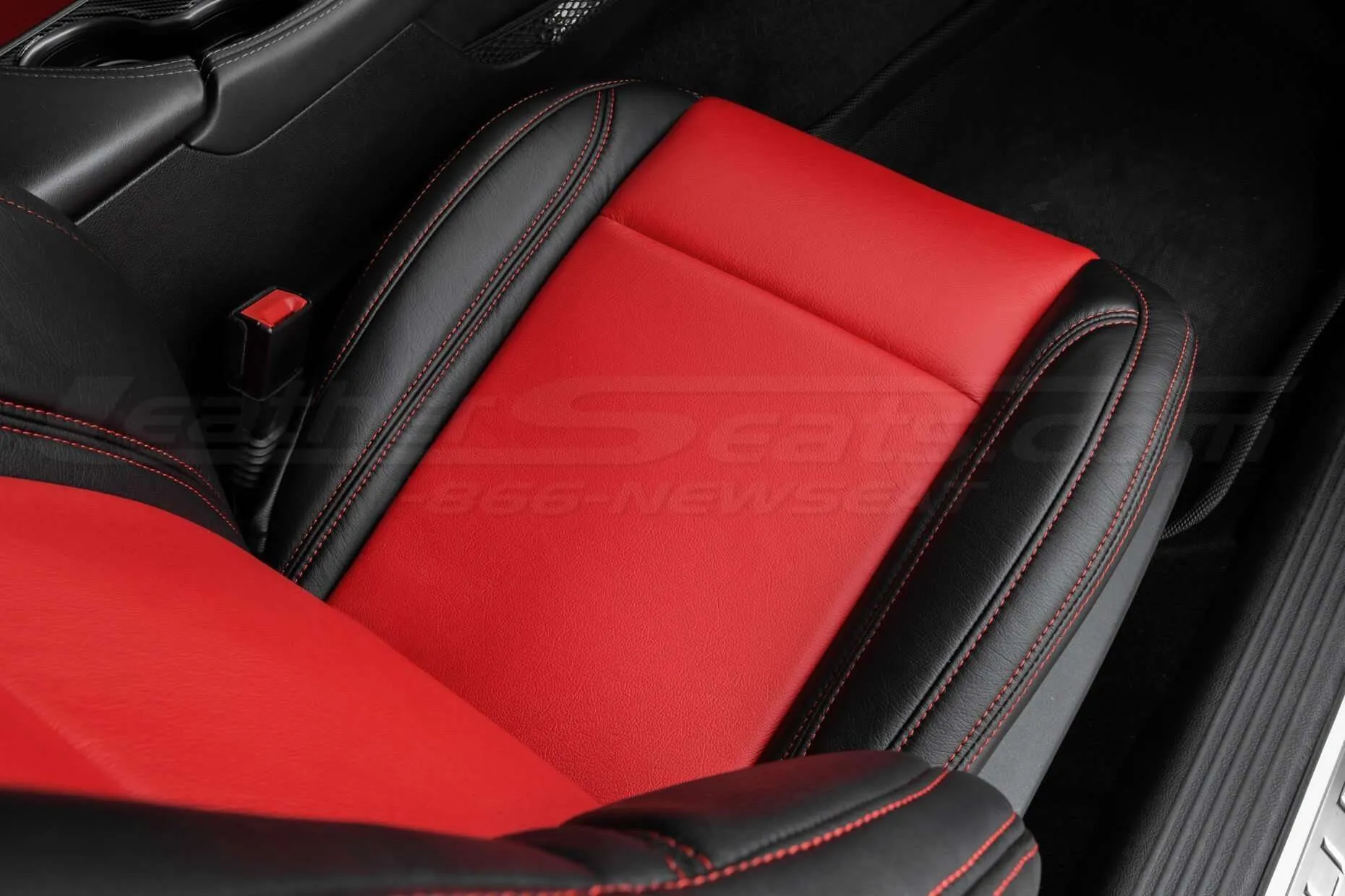 15-20 Dodge Challenger Upholstery Kit - Black & Bright Red - Installed - Seat cushion
