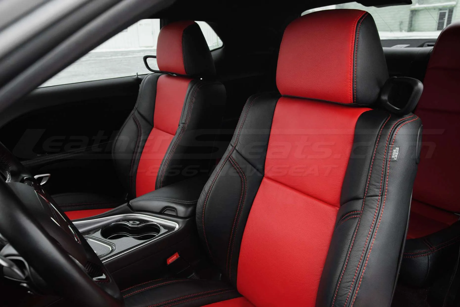 15-20 Dodge Challenger Upholstery Kit - Black & Bright Red - Installed - Front Driver Seat mid-range