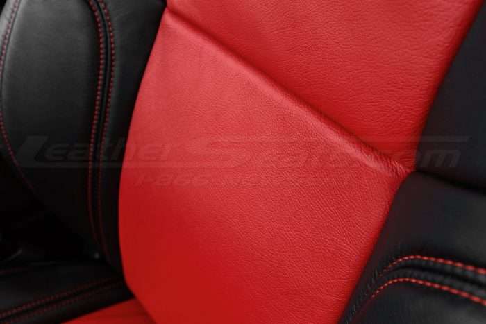 15-20 Dodge Challenger Upholstery Kit - Black & Bright Red - Installed - Backrest insert close-up