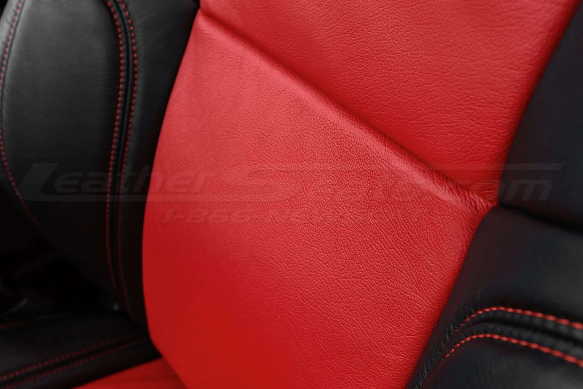 15-20 Dodge Challenger Upholstery Kit - Black & Bright Red - Installed - Backrest insert close-up