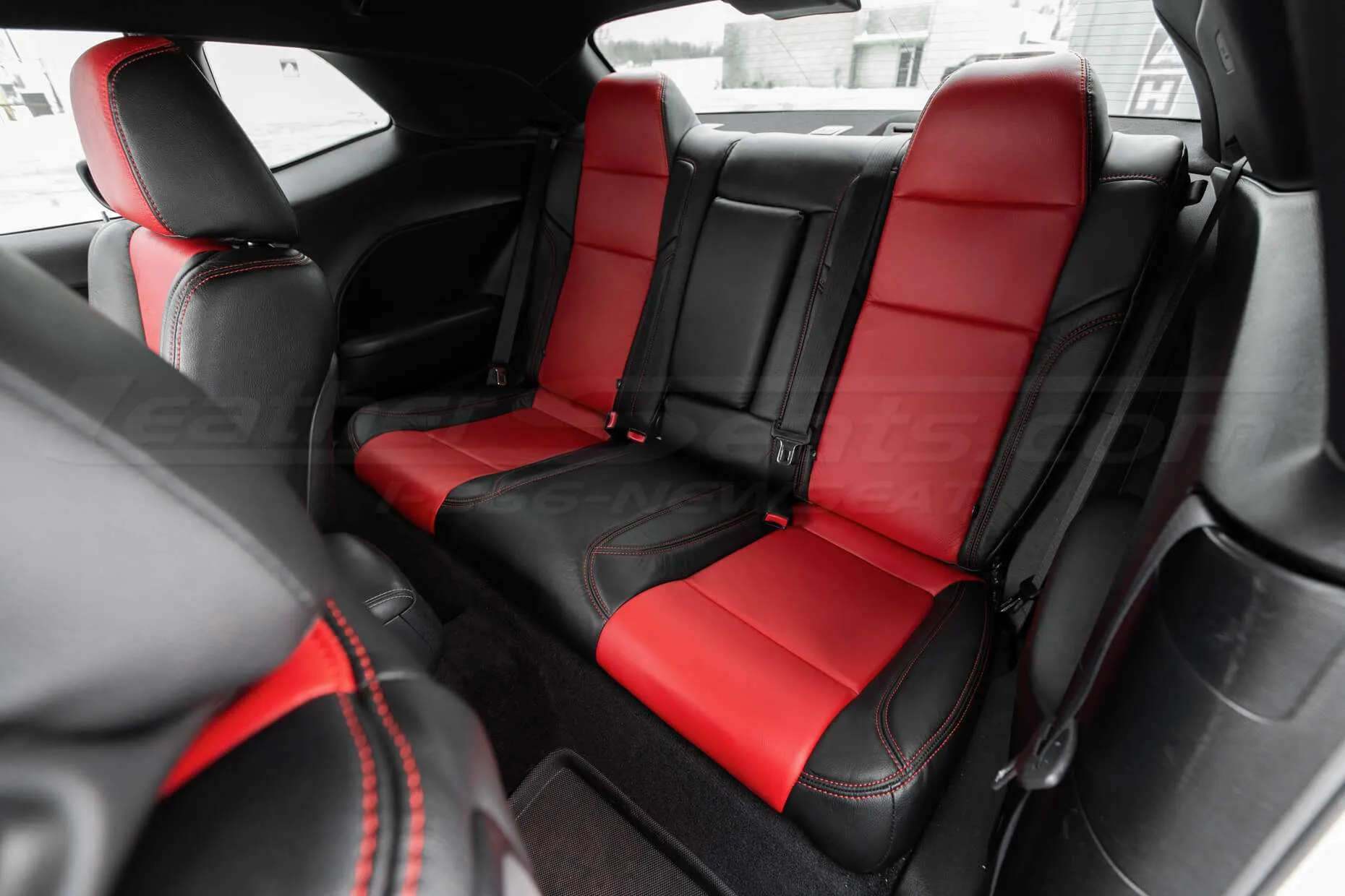 15-20 Dodge Challenger Upholstery Kit - Black & Bright Red - Installed - Rear seats