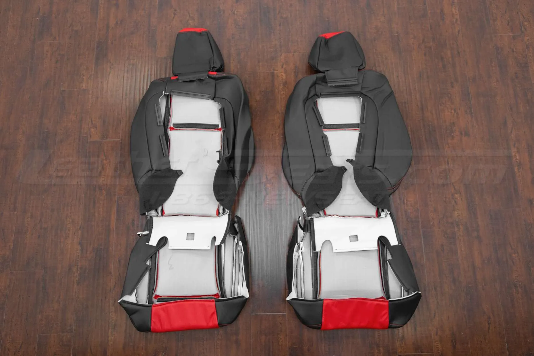 15-20 Dodge Challenger Upholstery Kit - Black & Bright Red - Back view of front seats