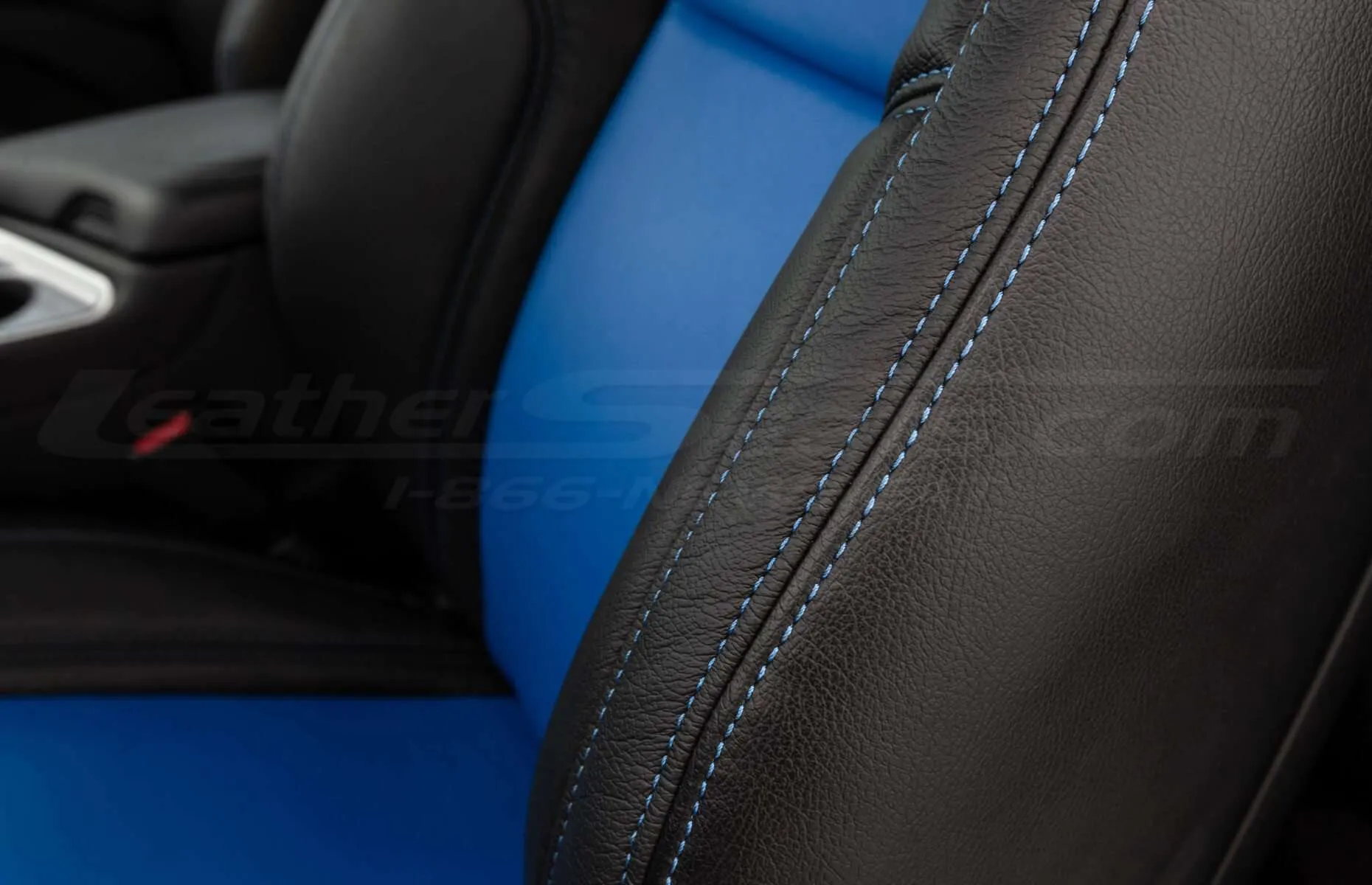 5-20 Dodge Challenger Two-Tone Black w/ Cobalt Centers - Cobalt side-stitching