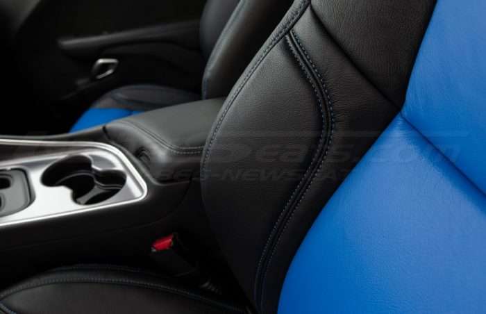 5-20 Dodge Challenger Two-Tone Black w/ Cobalt Centers Bolster side double-stitching