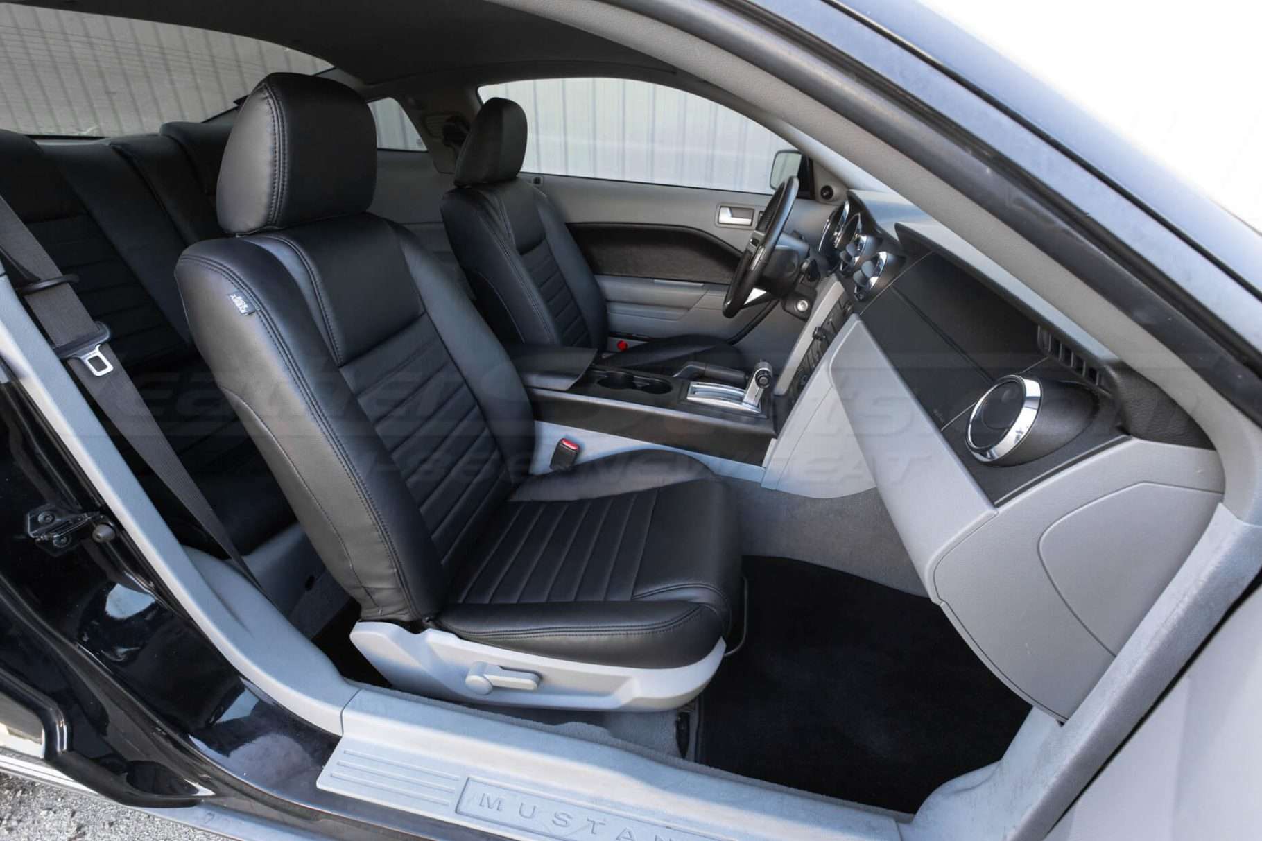 2005-2009 Ford Mustang Leather Seats - Black - Front interior - Passenger side view with wide angle