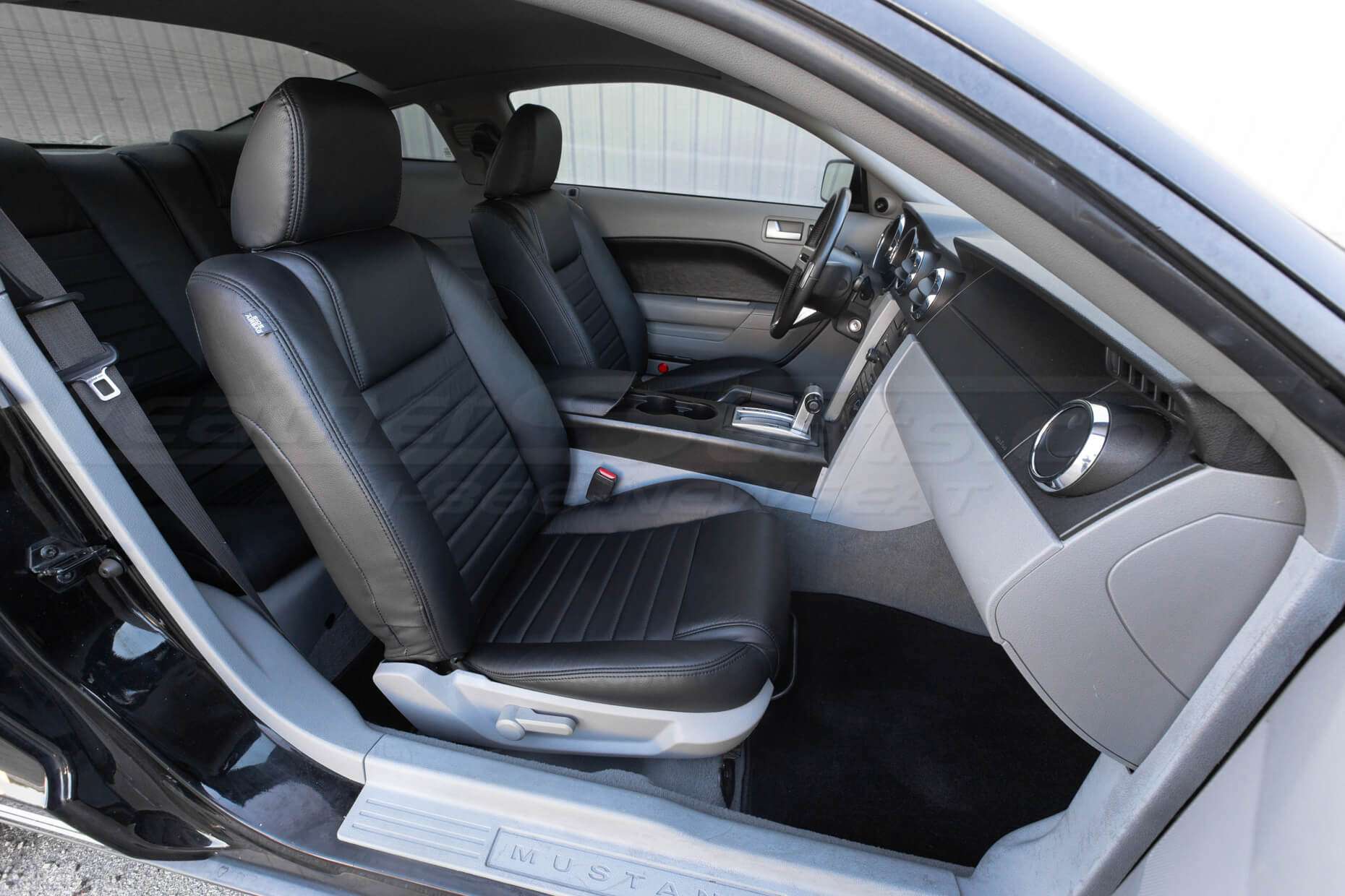 2005-2009 Ford Mustang Leather Seats - Black - Front interior - Passenger side view with wide angle